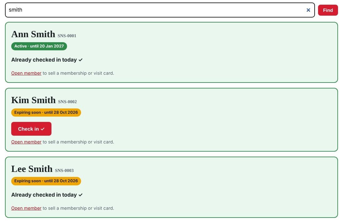 Check-in screen: searching for a name shows each person's membership status and a check-in button