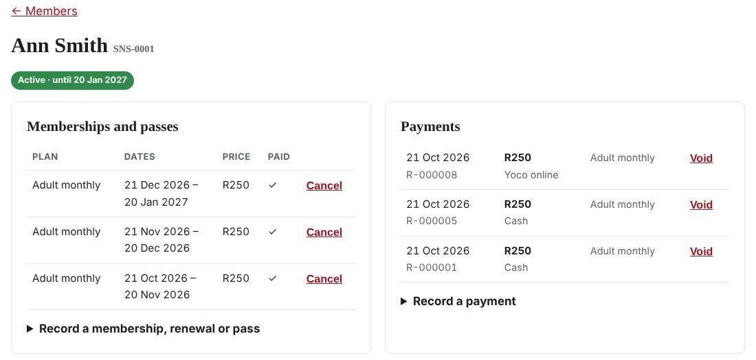 A member's page: memberships with dates and prices, and payments with receipt numbers
