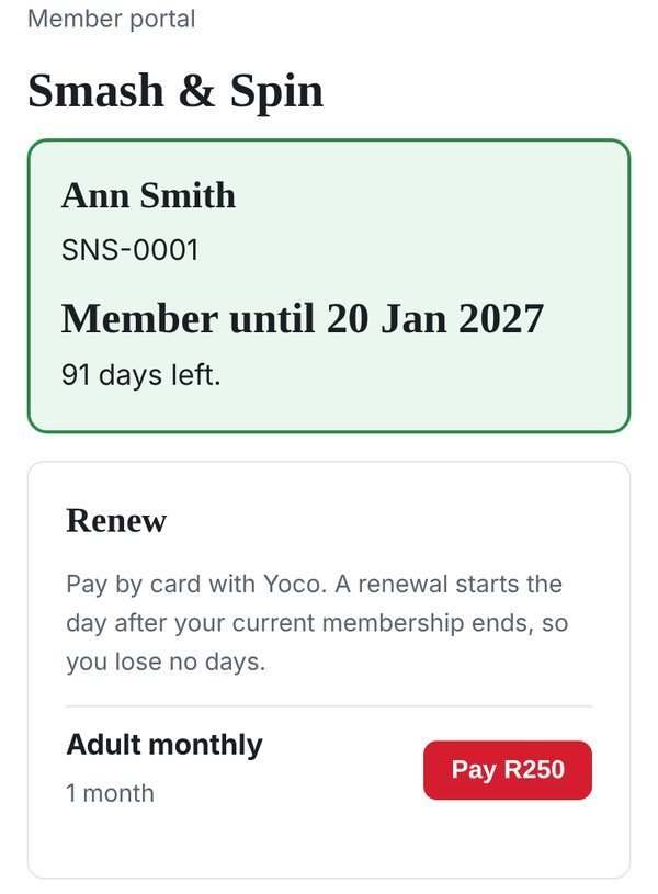 The member portal on a phone: Ann Smith, member until 20 Jan 2027, with a button to renew by card